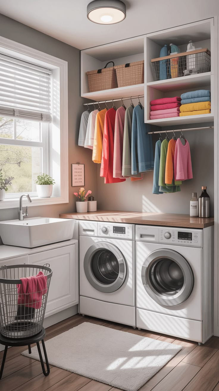 Bright laundry room with washer, dryer, sink, hanging colorful clothes, folded towels, baskets, and sunlight from a window