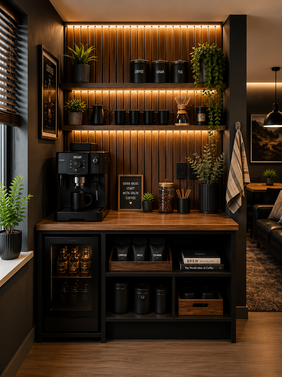 Warm home coffee bar with black espresso machine, COFFEE/SUGAR/TEA canisters, plants, mugs, and books under amber lights.