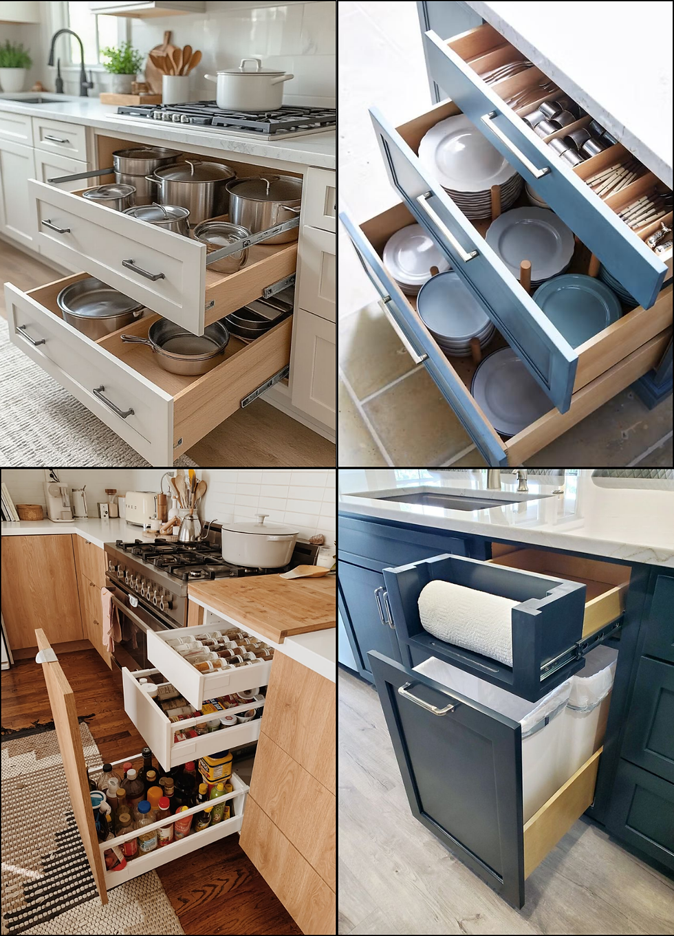 Collage of modern kitchen pull-out drawers organizing pots, plates, spices, and trash in white, blue, and wood cabinetry.