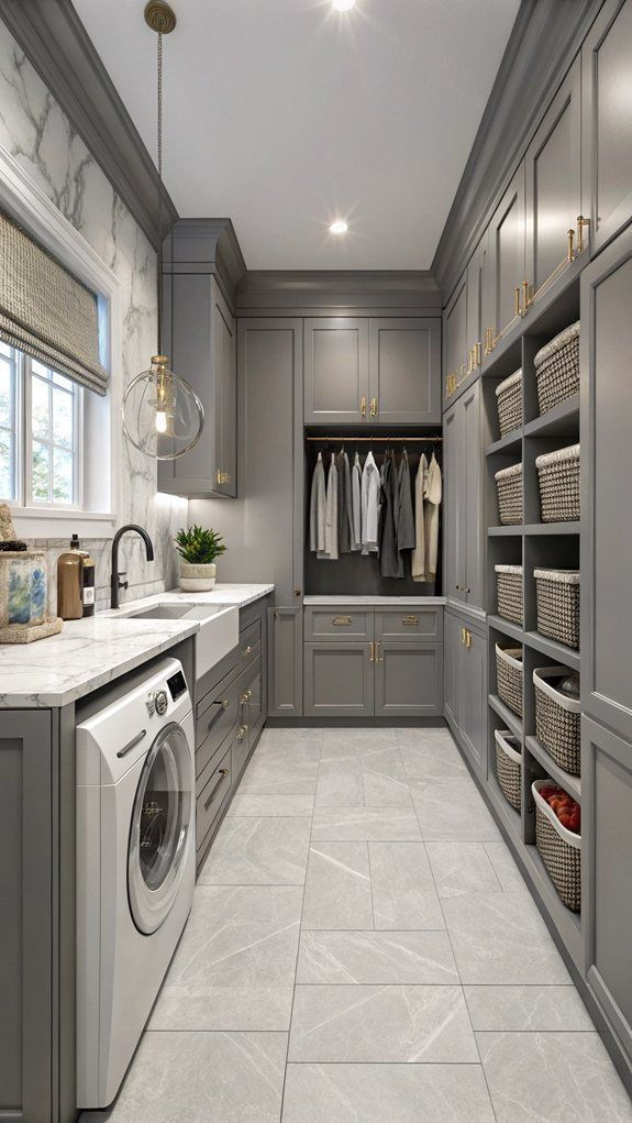 Stylish gray laundry room with washer, sink, hanging clothes, and woven baskets in built-in shelves.