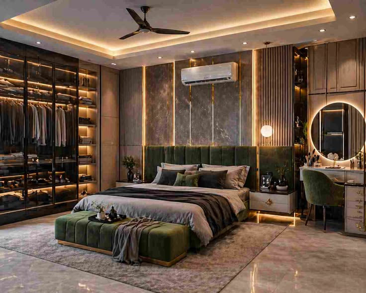 Luxury modern bedroom with green velvet bed, lit walk-in closet, vanity mirror, ceiling fan, and warm ambient lighting