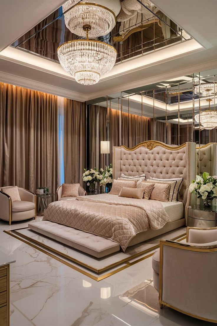 Luxurious beige bedroom with tufted bed, crystal chandeliers, mirrored ceiling, gold accents, and flowers beside the bed.