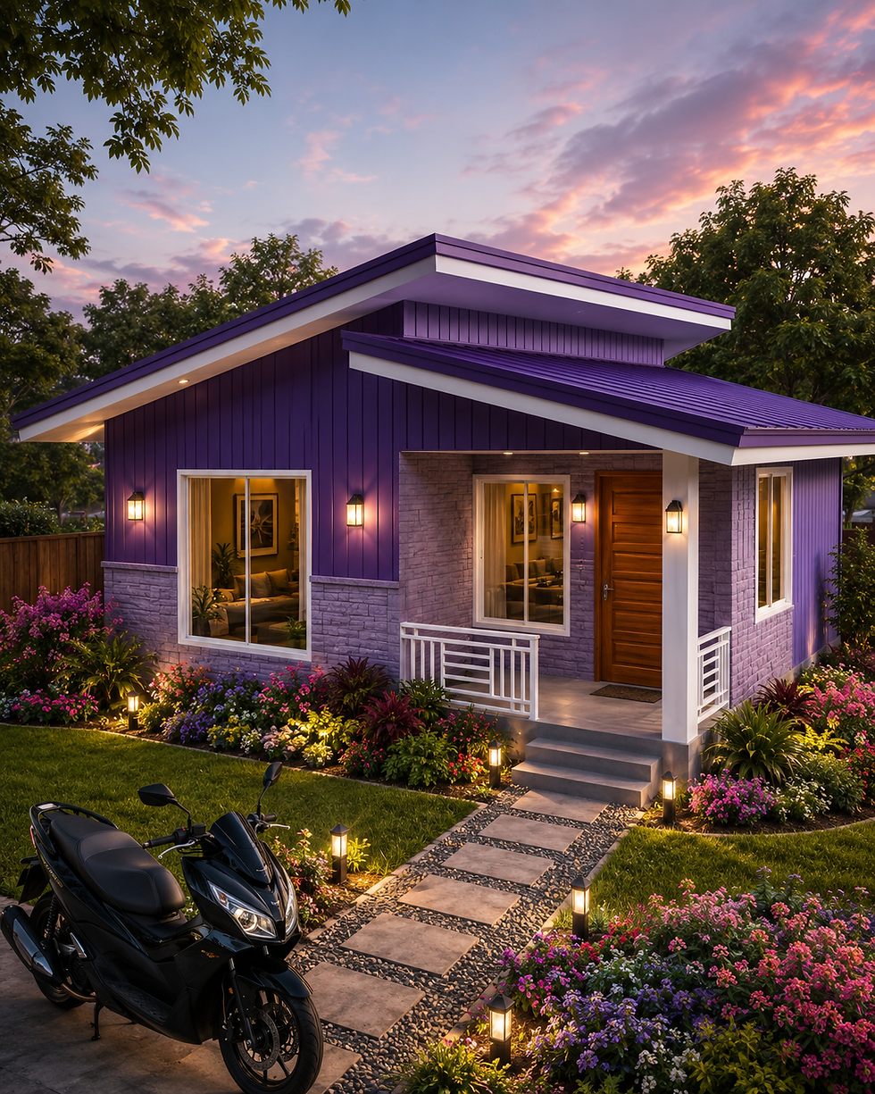 Purple modern house at dusk with warm lights, flower-filled garden, and a black scooter on the front path.