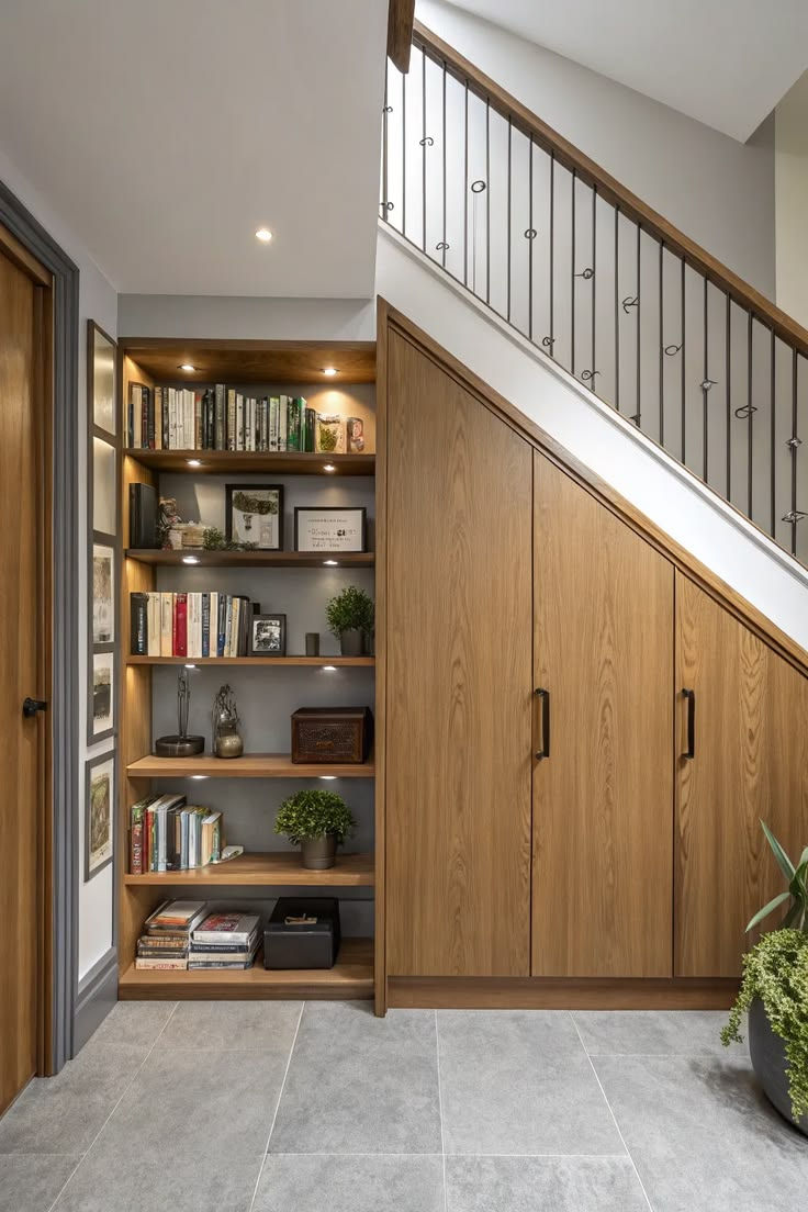 Modern stair landing with built-in wood shelves, cabinets, books, decor, and gray tile floor in a warm, tidy home interior