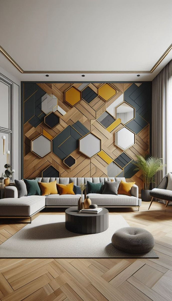 Modern living room with geometric wood-and-gold wall art, gray sofa, mustard and teal pillows, round coffee table, and bright window light