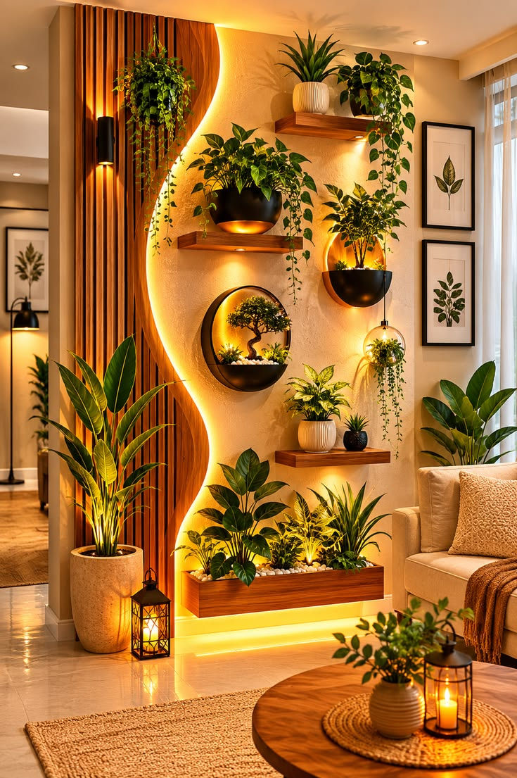 Warm living room with glowing wall shelves, many potted plants, framed leaf art, beige sofa, and lanterns.