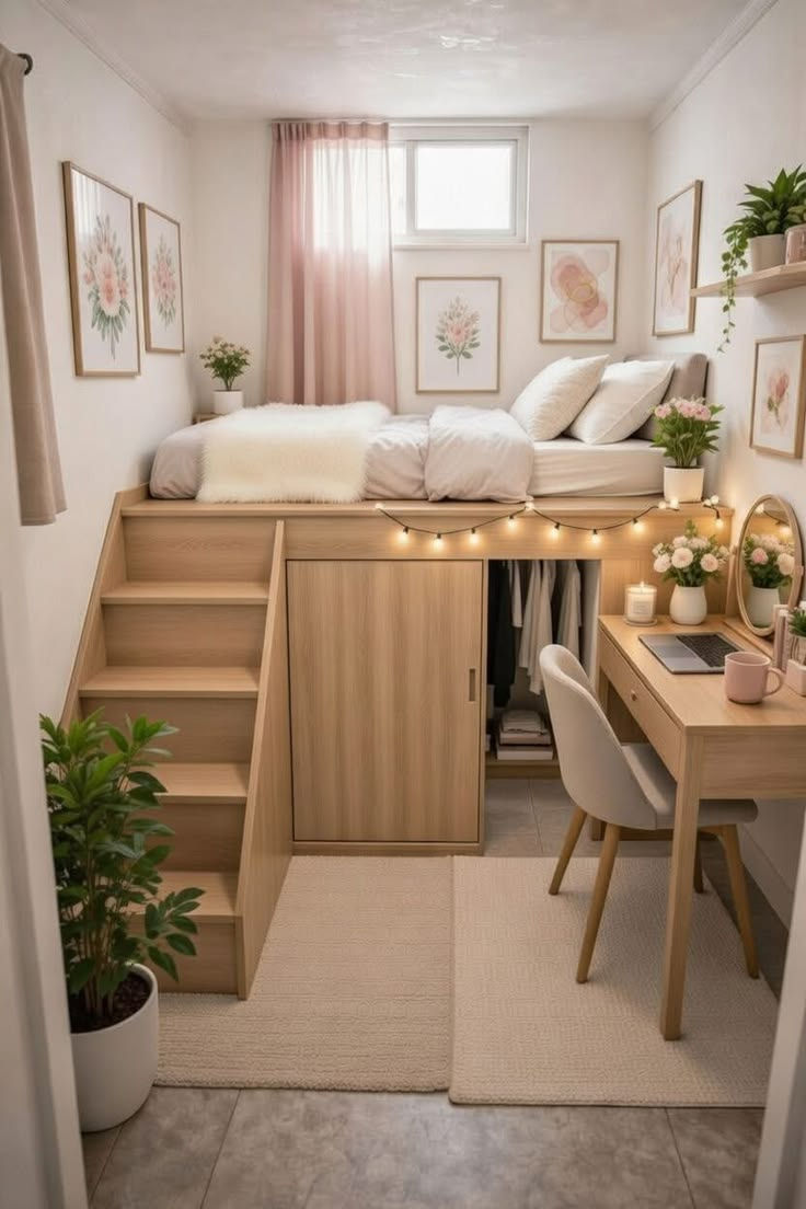 Cozy loft bedroom and desk nook with light wood, pink curtains, floral art, string lights, plants, and a bed over storage stairs.