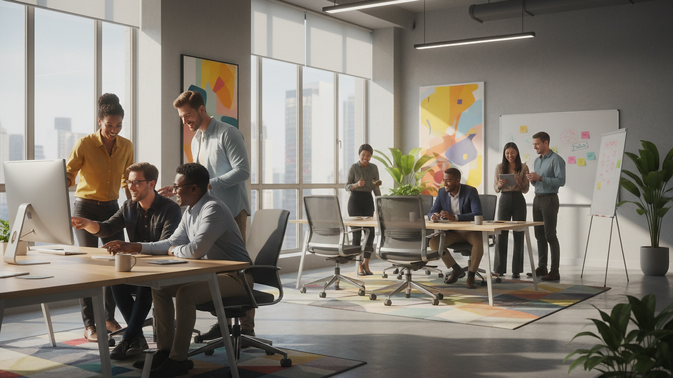 Eye-level view of a modern office with diverse professionals collaborating