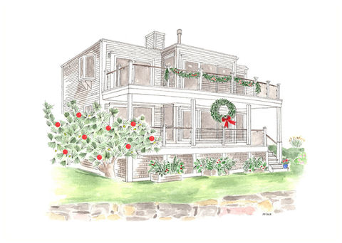 Hand drawn ink and watercolor house portrait
