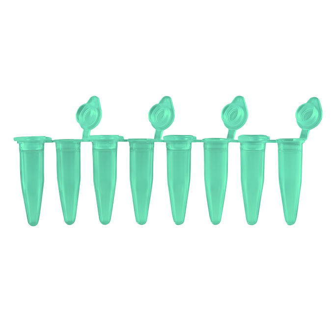 0.2mL PCR Strips, attached flat caps, Green