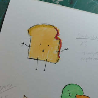 a sketch of a little sandwich with arms, legs, and a wee shocked face