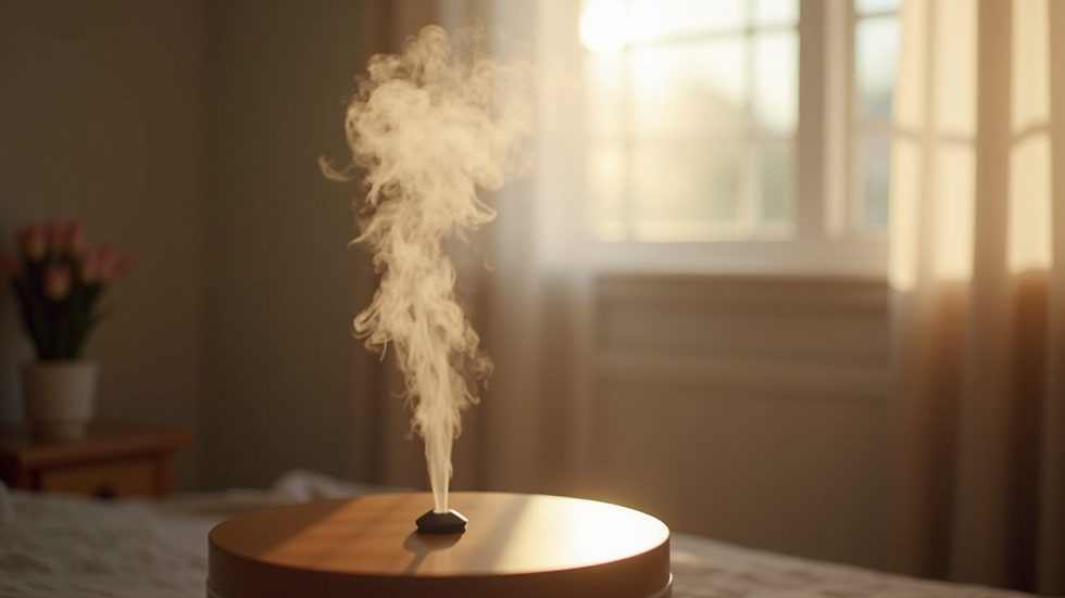 Close-up view of a humidifier releasing mist in a cozy room