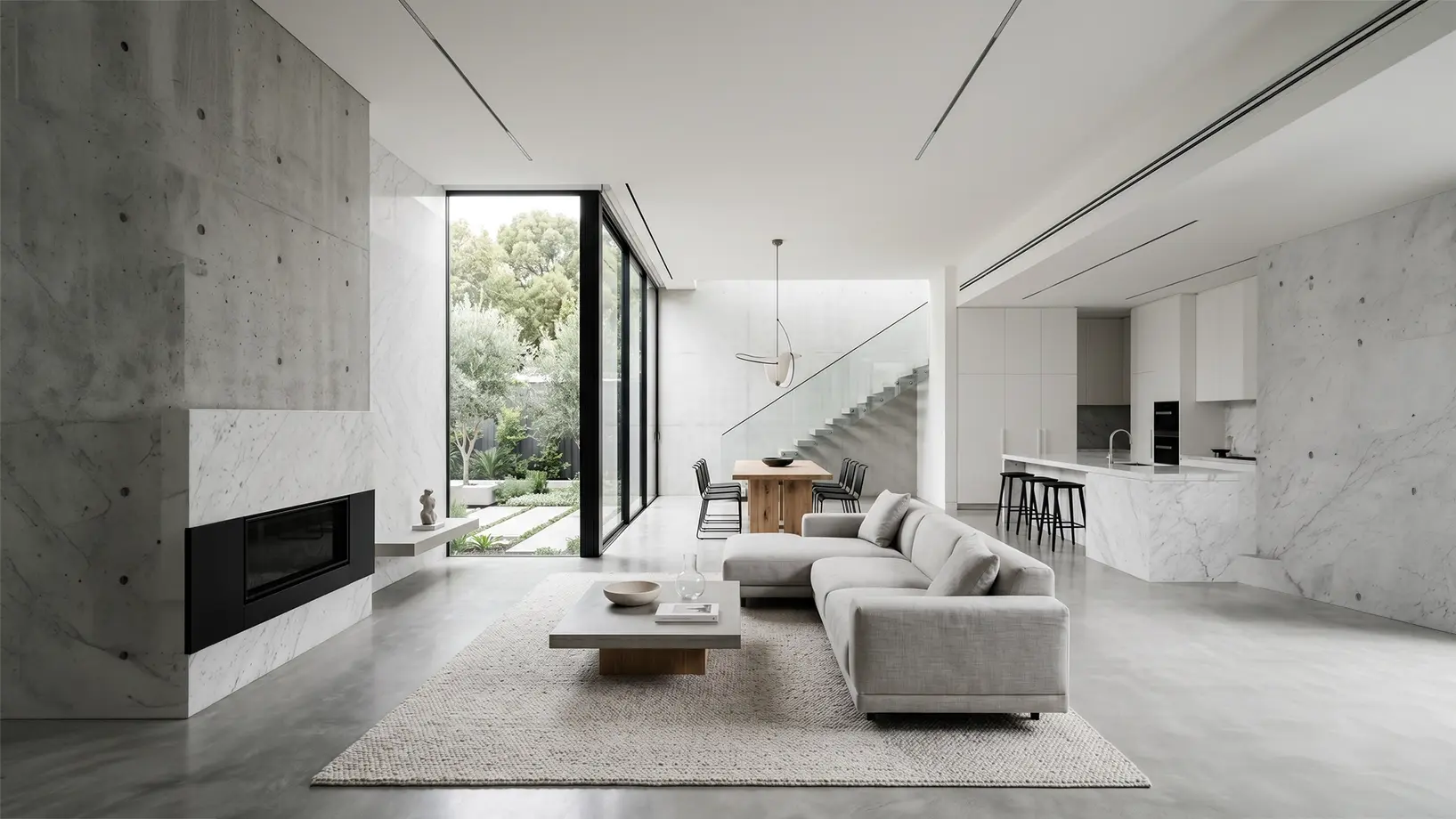 Immobilienfotografie Berlin – modernes minimalistisches Wohnzimmer Tageslicht, Studio Lesemann