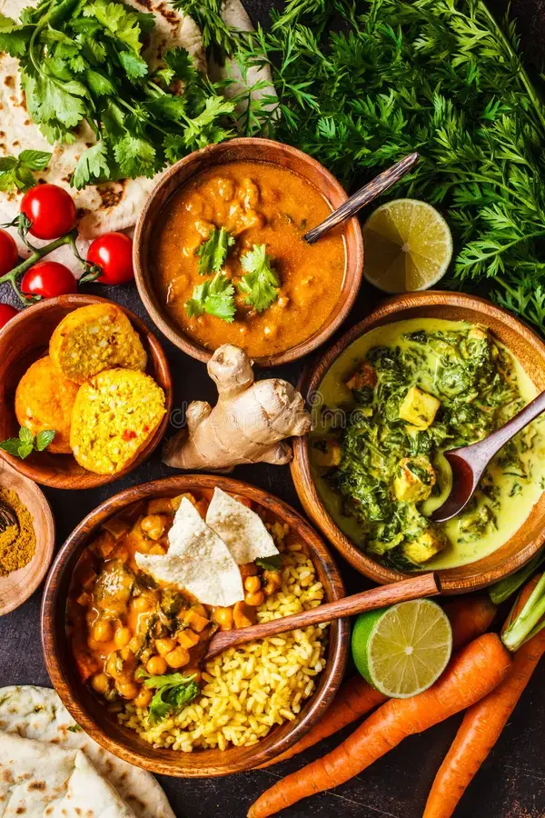 food-traditional-indian-cuisine-dal-palak-paneer-curry-rice-chapati-chutney-wooden-bowls-d