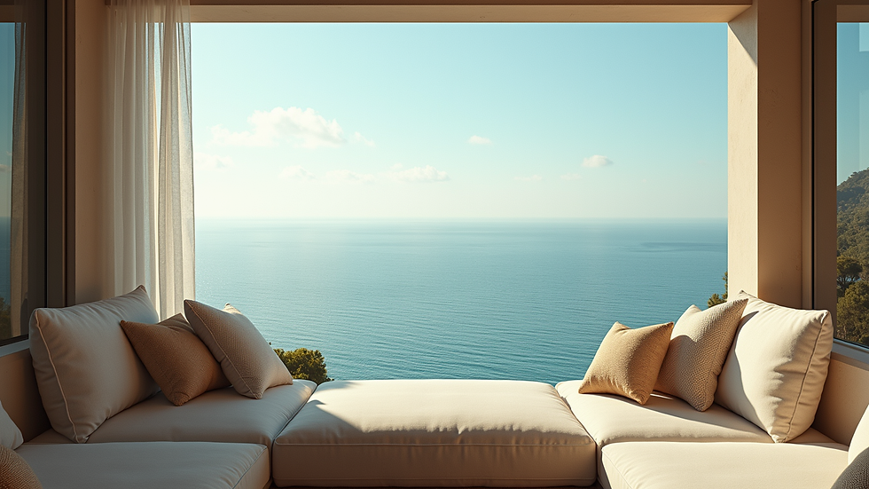 Eye-level view de sofá em varanda com vista para o mar