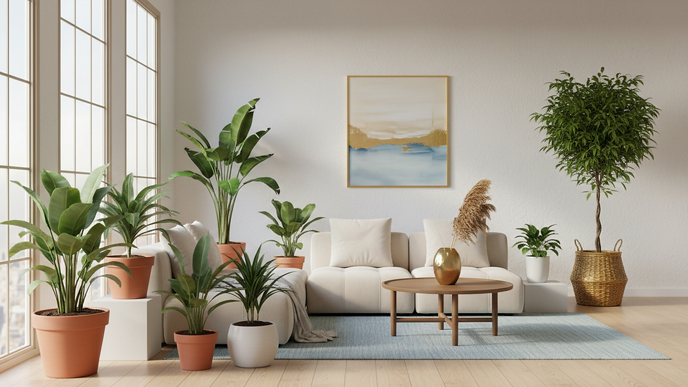 Vista a nivel de suelo de una sala ordenada con plantas y luz natural