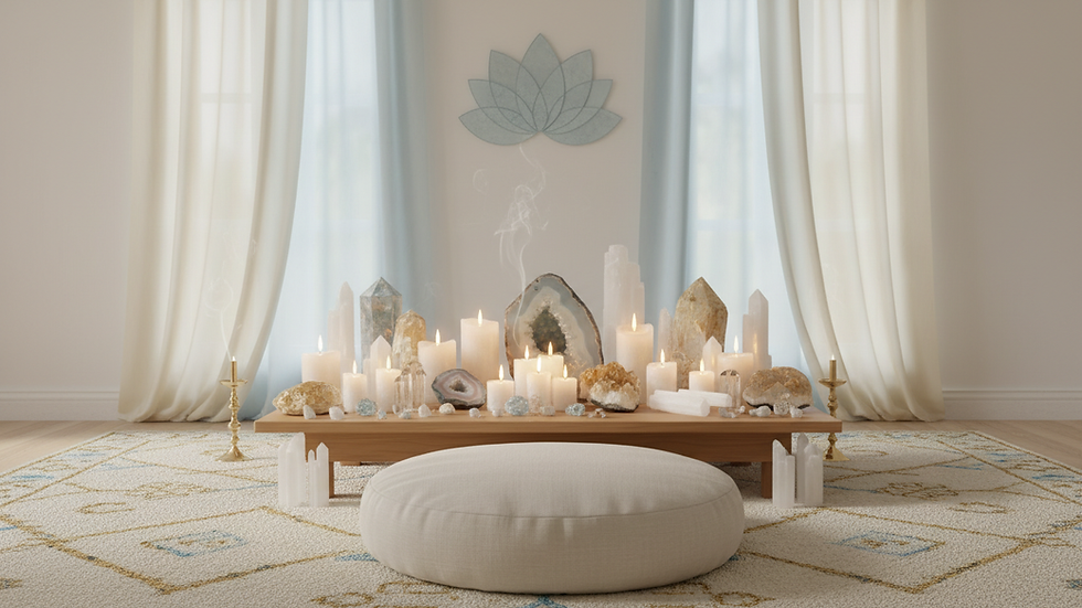 Eye-level view of a peaceful meditation space with candles and crystals