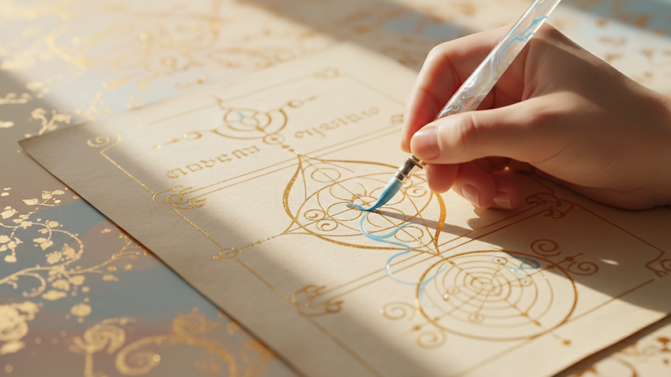 Close-up view of a hand writing sacred codes on paper