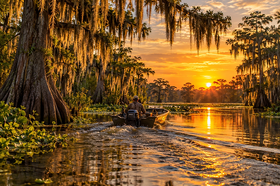 A sunrise boat ride down a Louisiana bayou, lined with mossy cypress trees.