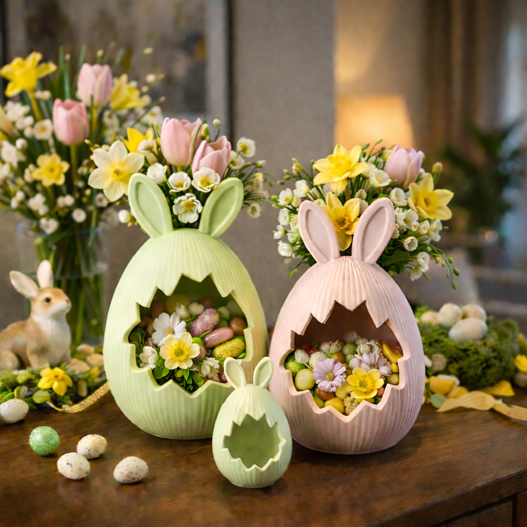 Pastellfarbenes Oster-Dekoei mit Hasenohren und Blumen, moderne 3D-gedruckte Frühlings- und Osterdekoration