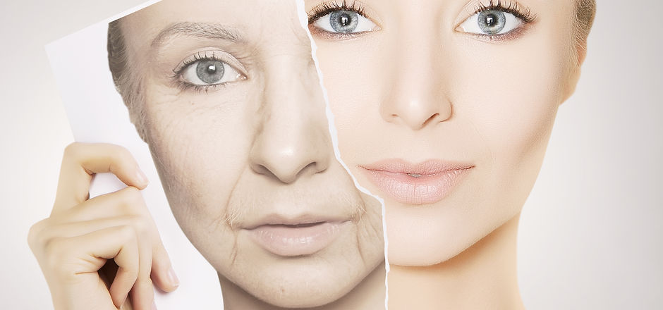 young gorgeous woman breaks photo with her old face
