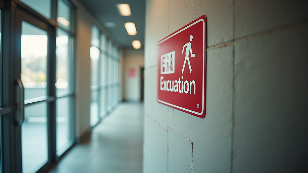 High angle view of a fire evacuation plan displayed on a wall