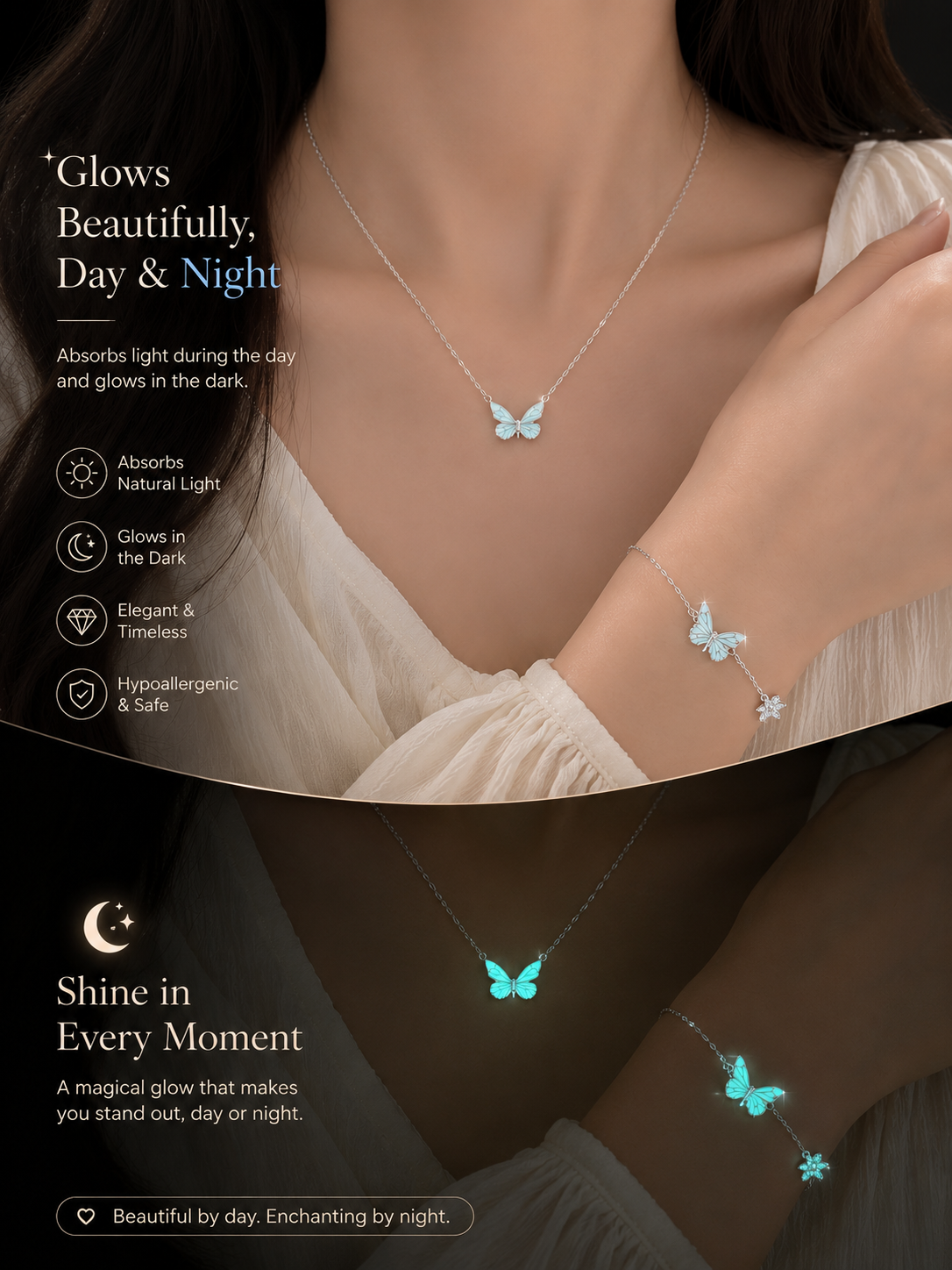 Fashion Blue Luminous Butterfly Necklace Bracelet Set for Glow in the Dark Women