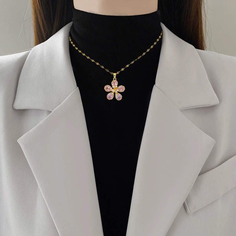 Thumbnail: EILIECK 316L Stainless Steel Fashion Chic Cubic Zirconia Flower Pendant Necklace