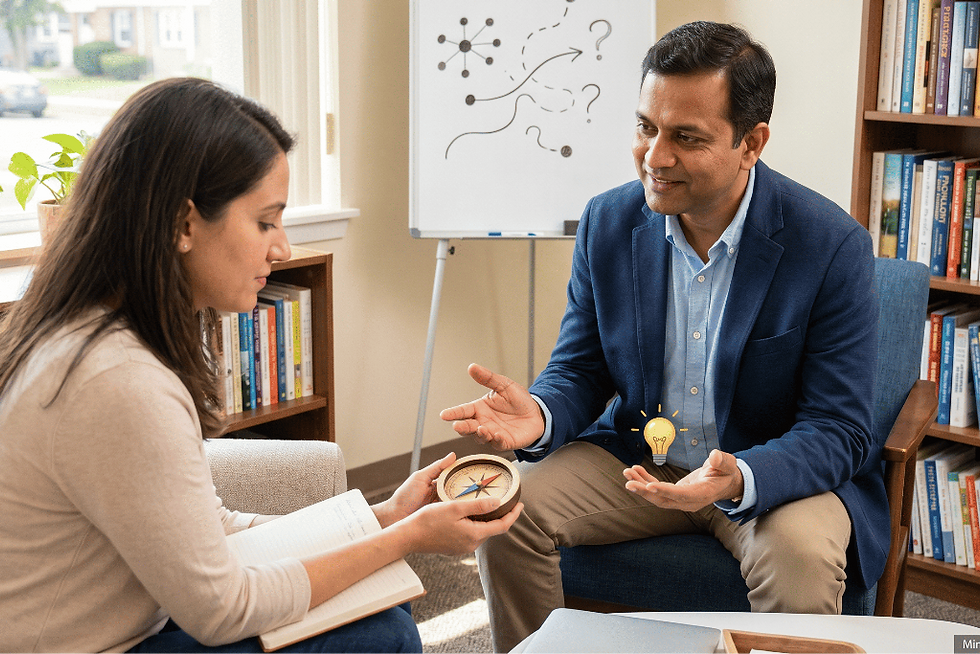 Psychiatrist in a therapy session with a female client, using a compass and a lightbulb to symbolize finding direction and insight in mental health counseling.