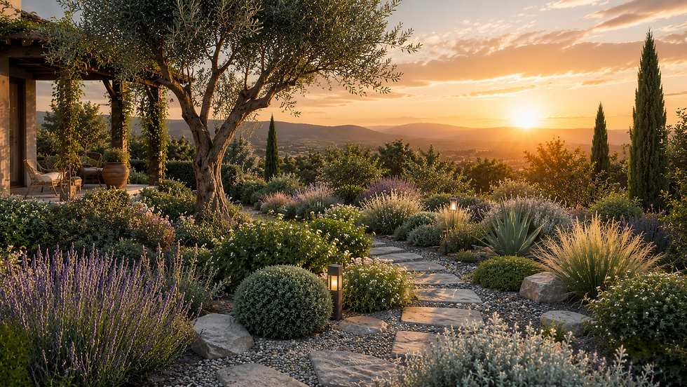 giardino a basso consumo d'acqua rigoglioso al tramonto