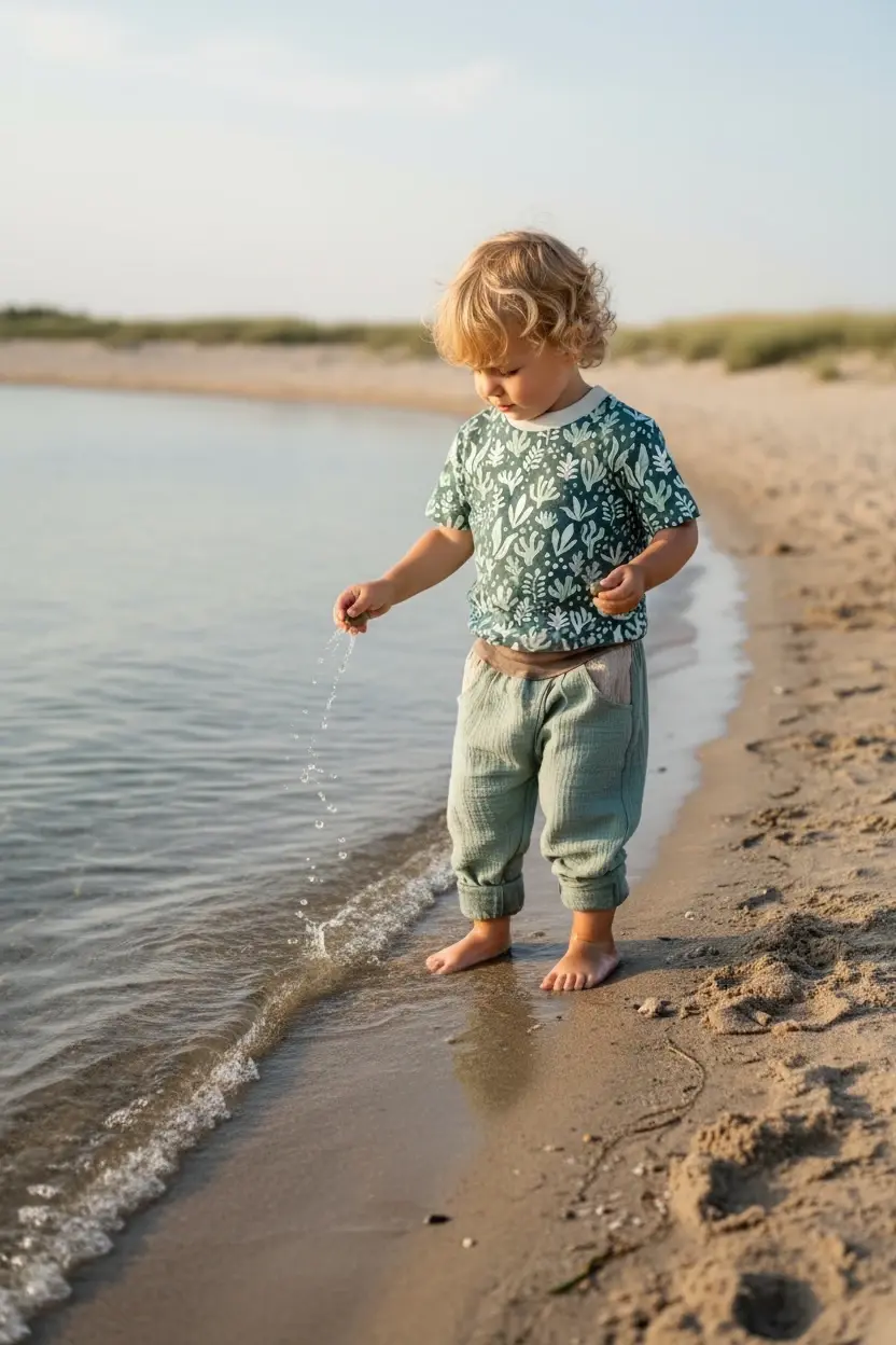Miniaturbild: Detail vom Set Küstenwiese Shirt und Musselinhose Janni, weiche Stoffe, OEKO-TEX Baumwolle, langlebige und bequeme Kindermode