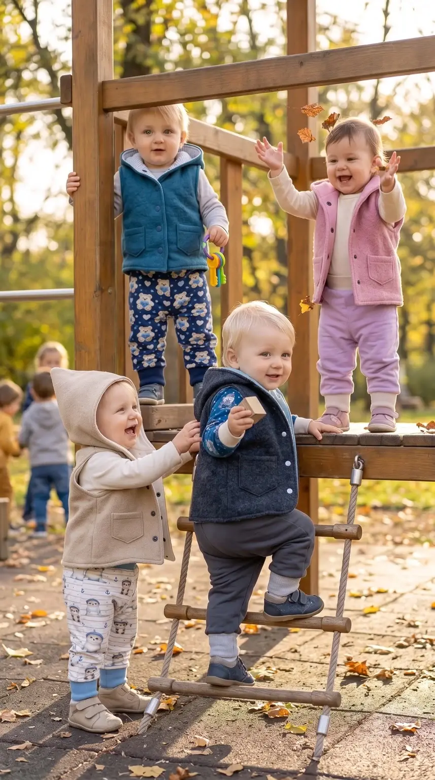 Miniaturbild: Kinder spielen auf dem Spielplatz; vorne links trägt ein Kind die camelbeige Wollwalkweste „Kleiner Anker“.