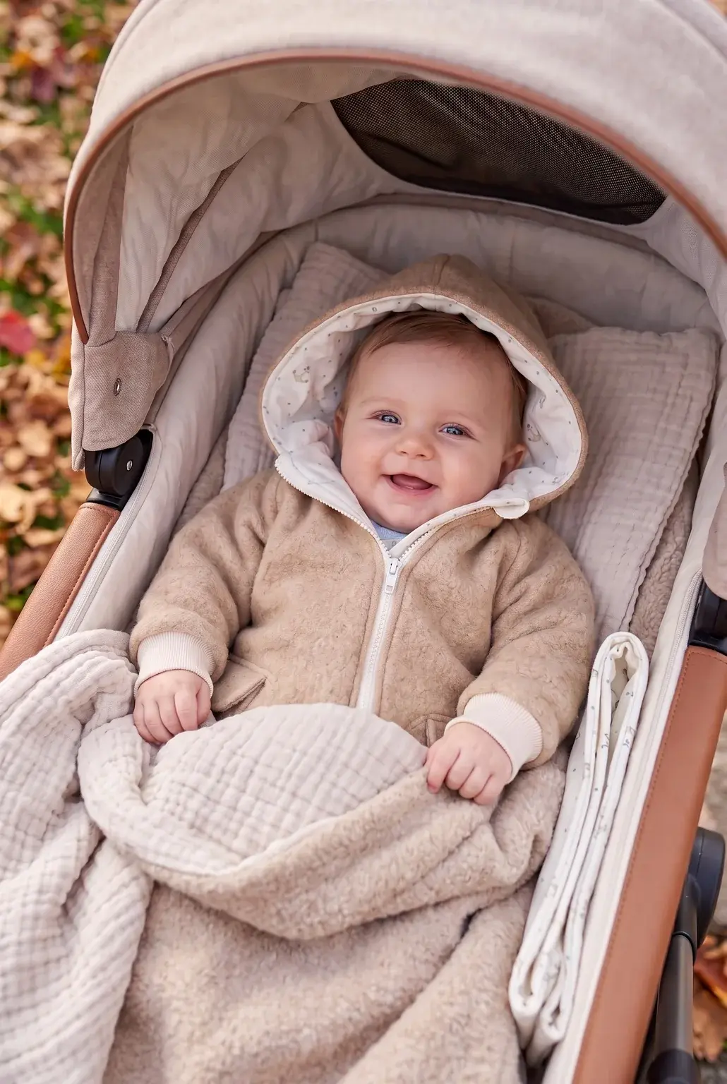 Baby im Kinderwagen mit beigem Walkanzug aus Wollwalk, Kapuze und Ankerfutter – warmer Overall für Herbst und Winter