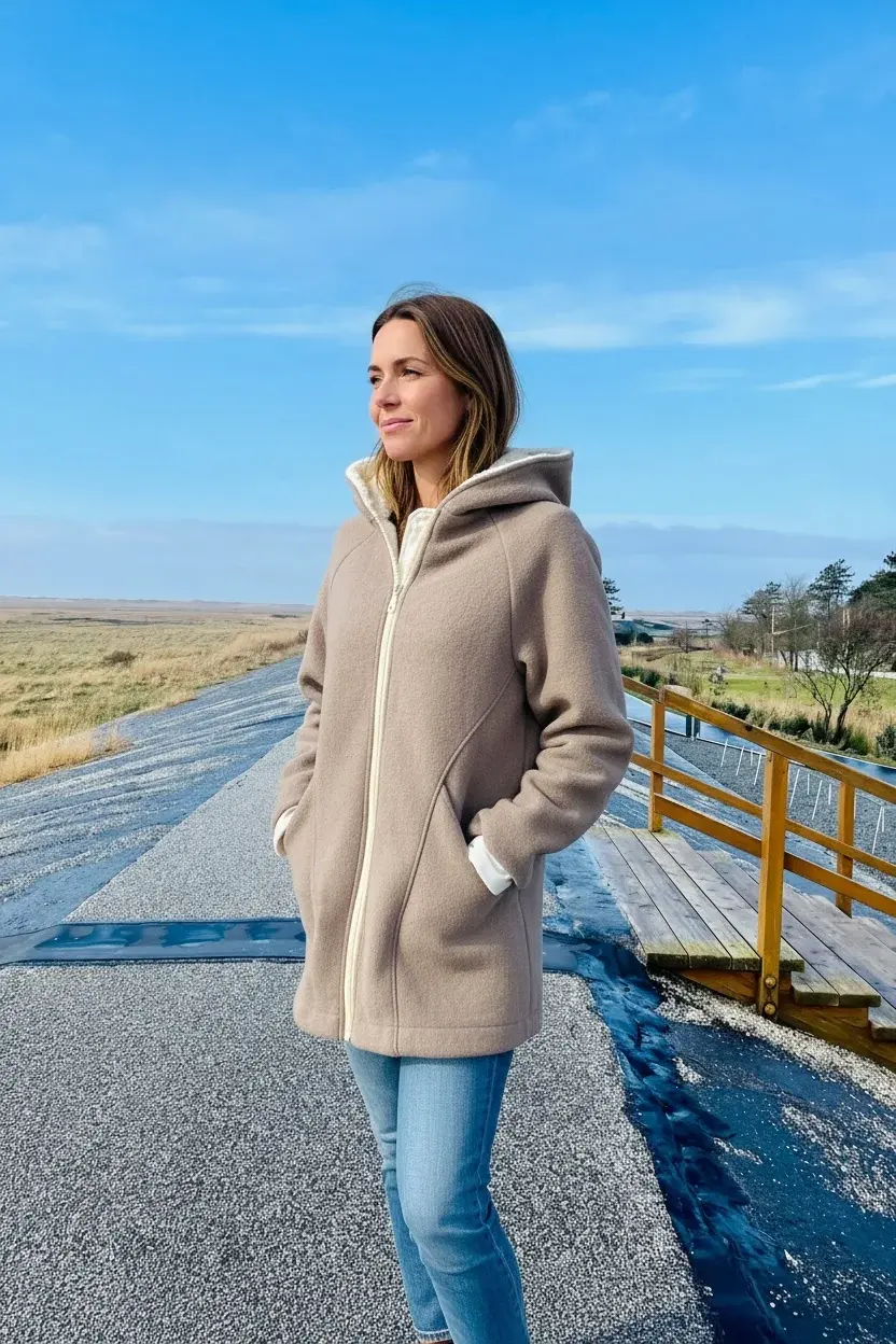 Miniaturbild: Camelbeige Wollwalk Jacke für Damen mit Kapuze, hochwertige Übergangsjacke aus Schurwolle, handgemacht in Hamburg, bequem und