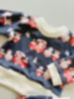 Nahaufnahme eines Baby-Sweaters mit dunkelblauem Santa-Express-Print, weißen Bündchen und weichem Baumwollstoff.