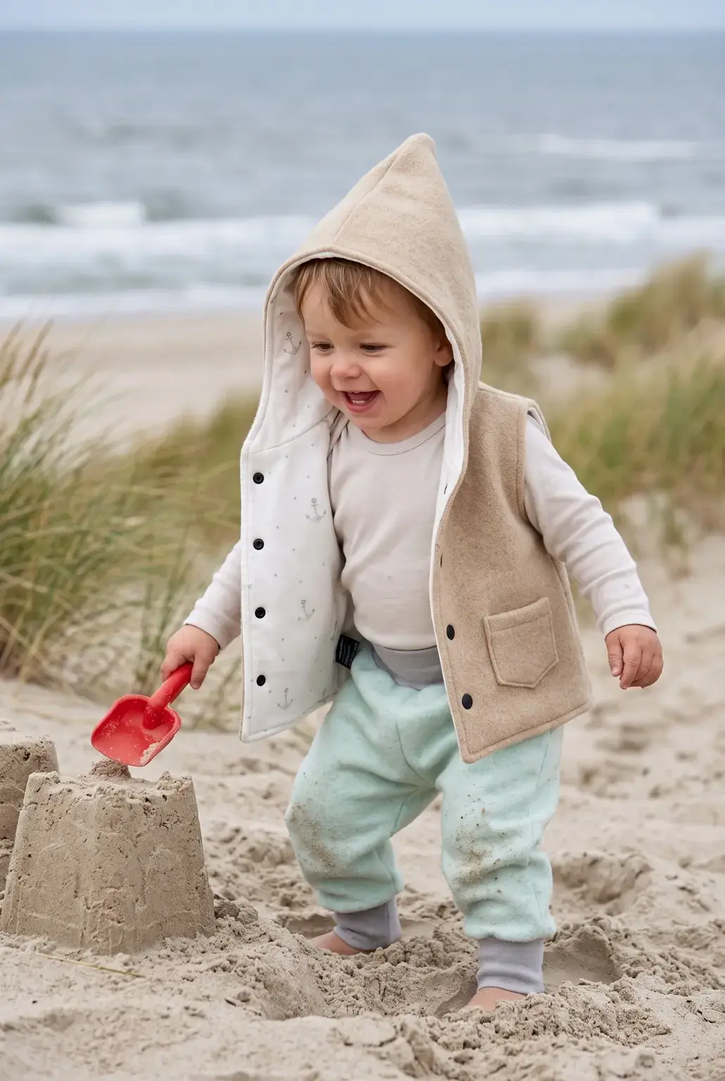 Kleinkind am Strand in mintfarbener Kuschelhose aus Bio-Baumwollfleece und beige gefütterter Walkweste Kleiner Anker mit Kapu