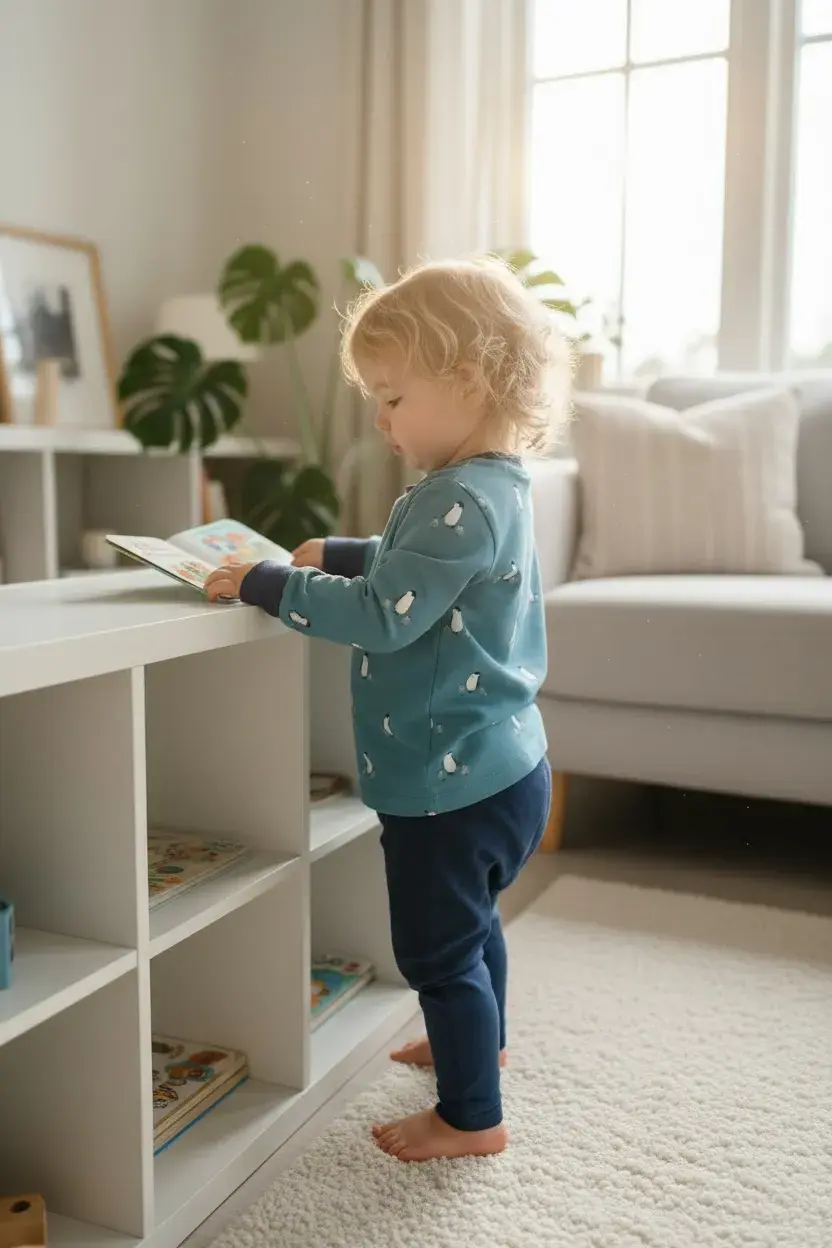 Kind trägt blaues Langarmshirt mit Pinguin Print aus Bio Baumwolle und spielt im Wohnzimmer
