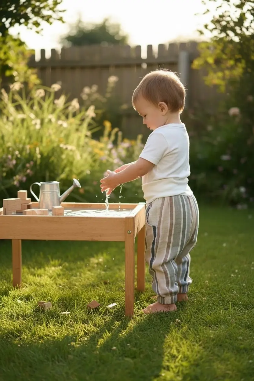 Baby trägt Musselinhose Janni Küstenstreifen im Garten beim Spielen. Leichte, mitwachsende Sommerhose aus Baumwolle, handgema