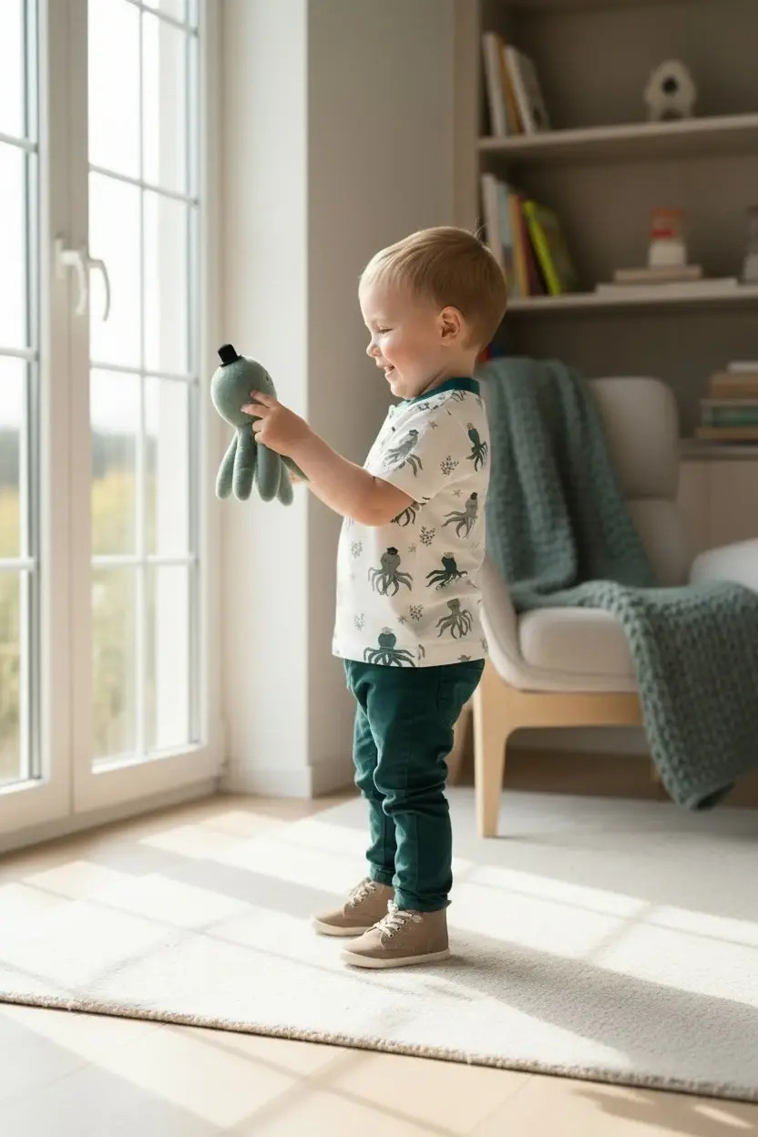 Miniaturbild: Kind sitzt und spielt im Kurzarmshirt Oktopuszeit, bequemer Schnitt, maritimes Design, weicher Jersey, angenehm auf der Haut