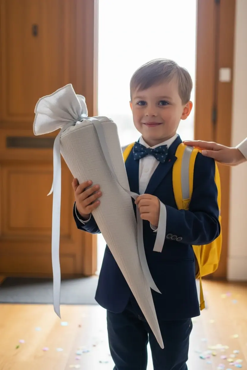 Miniaturbild: Schlichte Stoffschultüte aus hellgrauem Musselin mit langen silbernen Schleifenbändern für Einschulung oder Vorschule.
