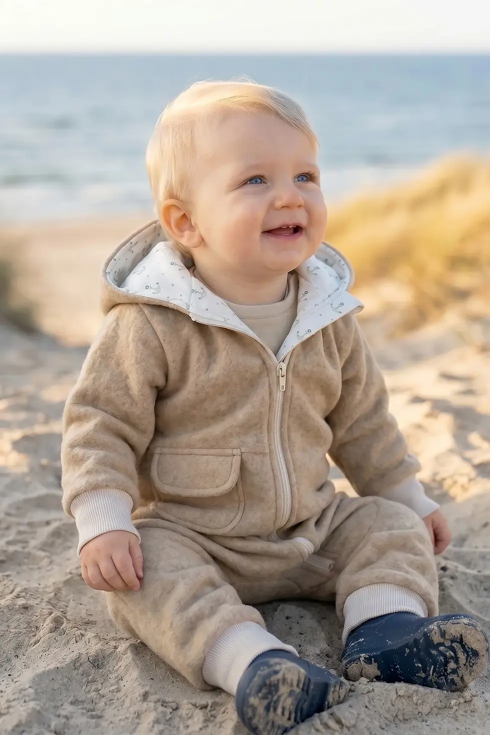 Baby im beigen Walkoverall „Kleiner Anker“ von Küstenfieber® am Strand. Handgefertigter Wollwalk-Overall aus 100 % Schurwolle