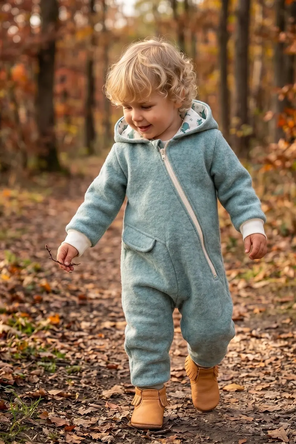 Kleinkind läuft auf einem herbstlichen Waldweg in einem mintfarbenen Walkoverall aus hochwertigem Wollwalk.
