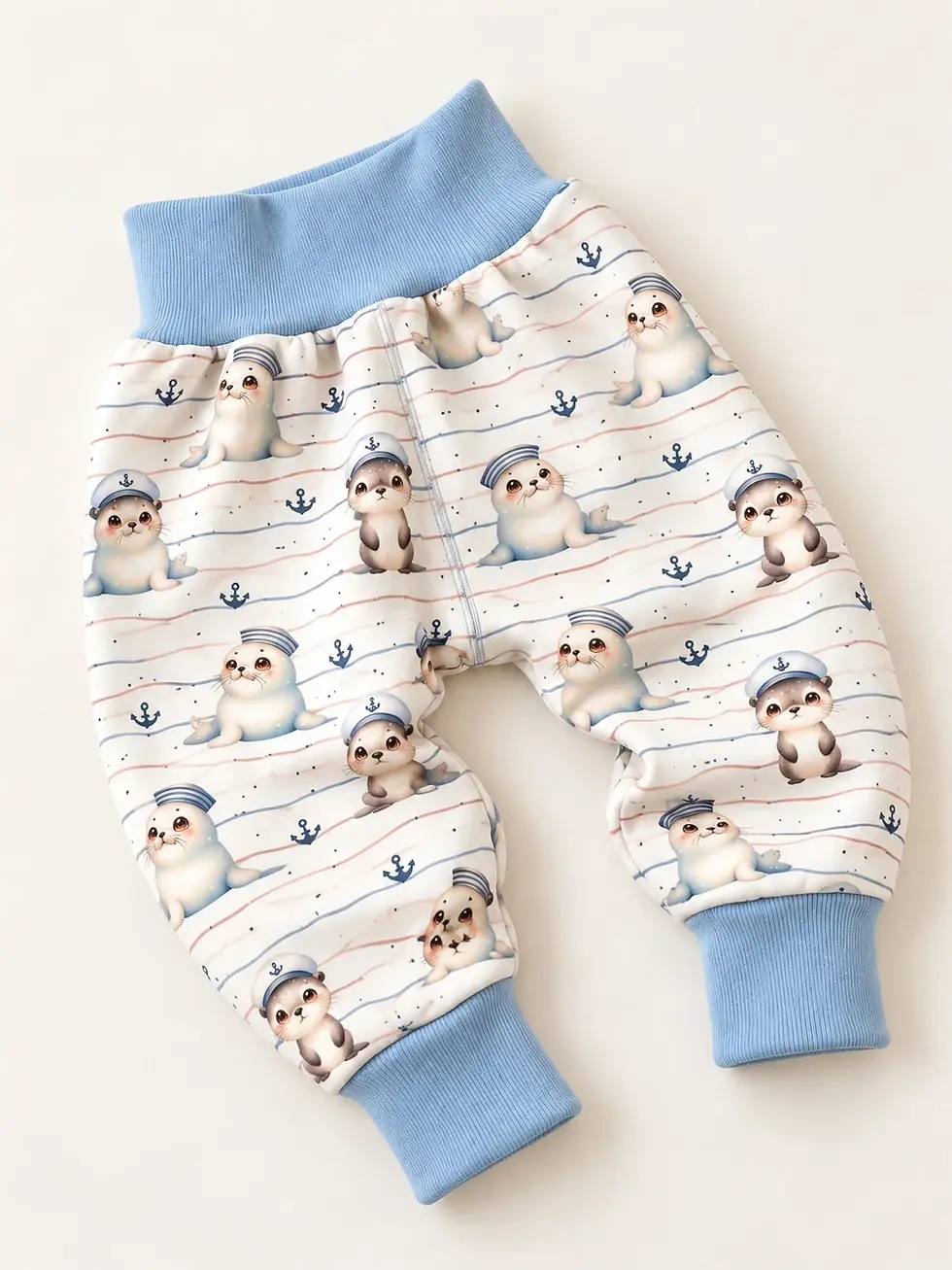 Pumphose „Seehundbande“ aus Baumwollsweat mit Seehunden, Ankern und hellblauen Bündchen.