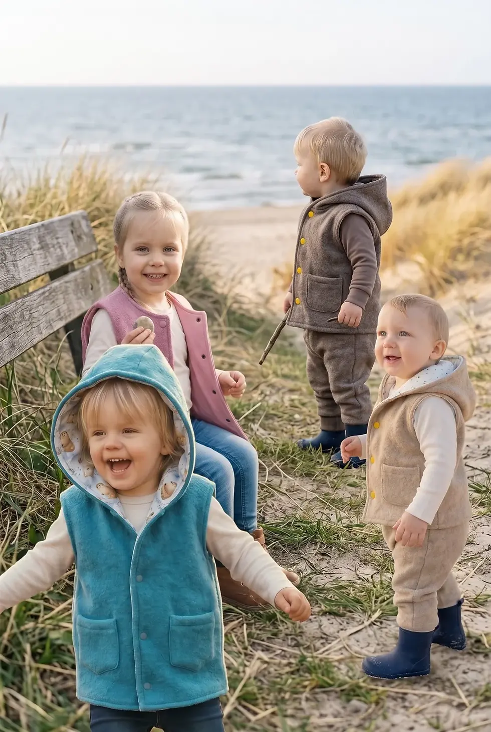 Miniaturbild: Kinder in verschiedenen Walkwesten aus Wollwalk am Strand – rosa, türkis und natürliche Farben aus der Küstenfieber Kollektio