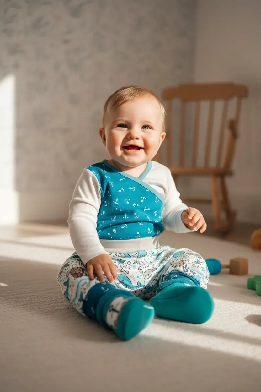 Miniaturbild: Baby trägt Wickelbody und Walhose im maritimen Look, bequeme Passform für Bewegungsfreiheit im Alltag zuhause oder unterwegs.