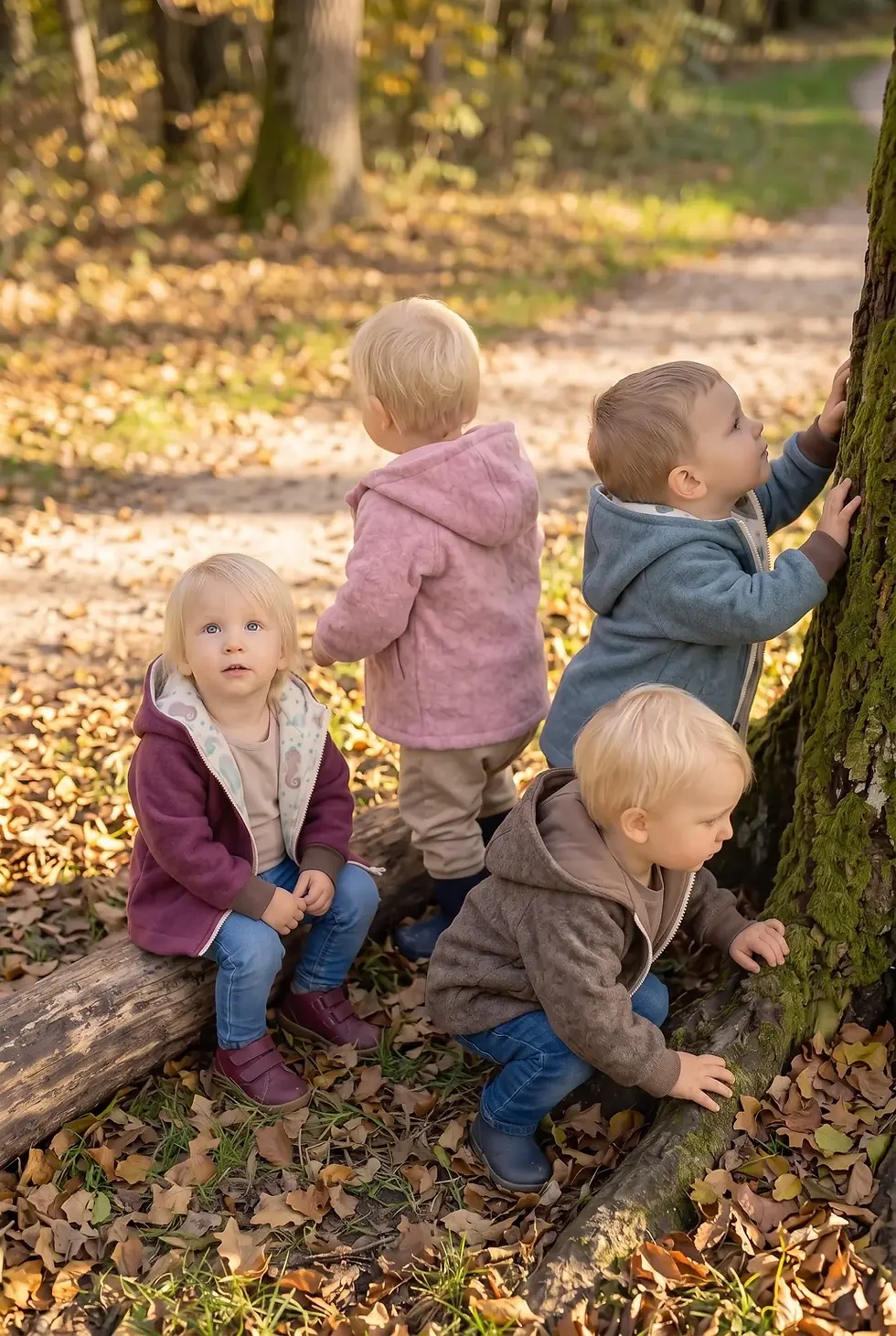 Miniaturbild: Kinder entdecken gemeinsam den Wald in verschiedenen Walkjacken von Küstenfieber, darunter die rosa Walkjacke Muschelzauber.
