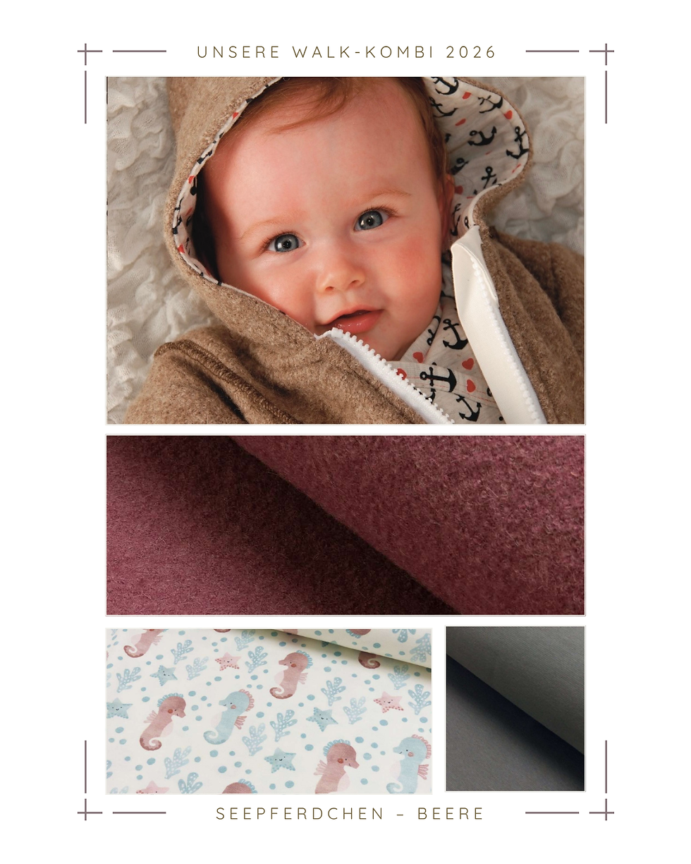 Küstenfieber® Walkkollektion 2026. Handgemachte Walkmode für Babys und Kinder aus Schurwolle mit maritimen Motiven und mitwac
