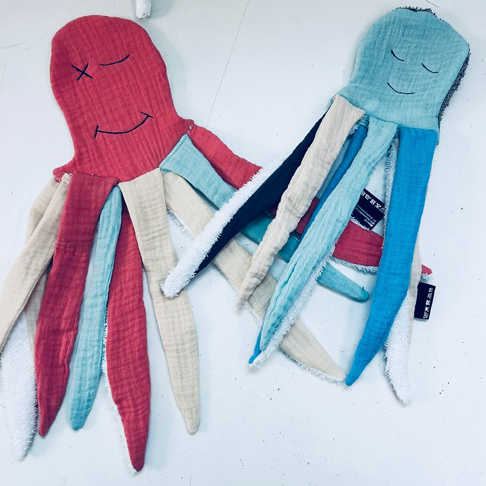 Miniaturbild: Liebevoll handgefertigte  personalisierbare  Waschlappen Krake und Oktopus für Babys und Kinder in Rosa und Mint und Pastell.