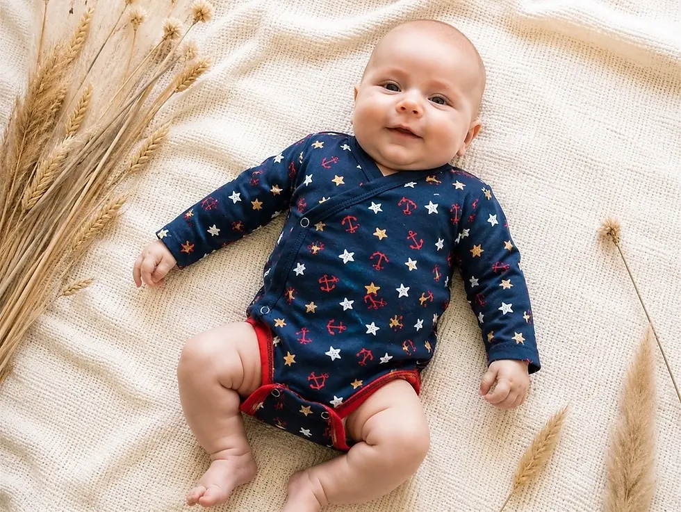 Baby trägt den maritimen Wickelbody Sternenzauber aus OEKO-TEX® STANDARD 100 zertifiziertem Jersey mit roten Ankern und Stern