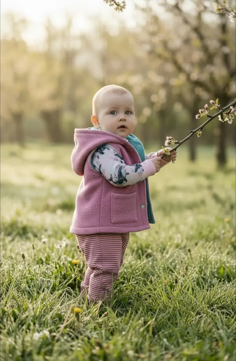 Miniaturbild: Kind trägt Walkweste in Altrosa mit dunkelmint Innenfutter draußen im Frühling, weich, temperaturausgleichend und bequem